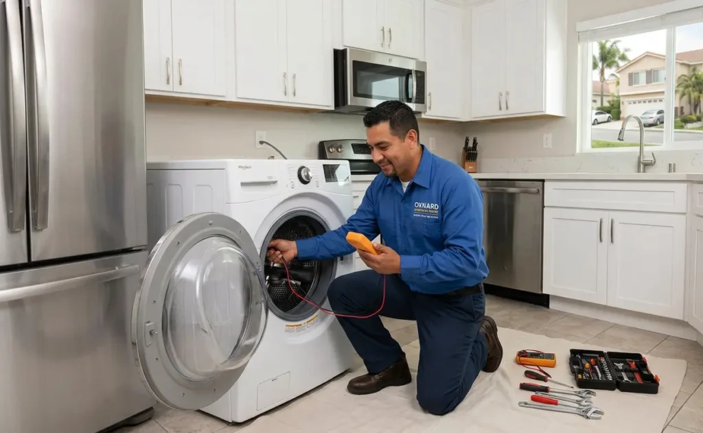 Professional appliance repair technician in Oxnard, CA testing a residential washing machine.