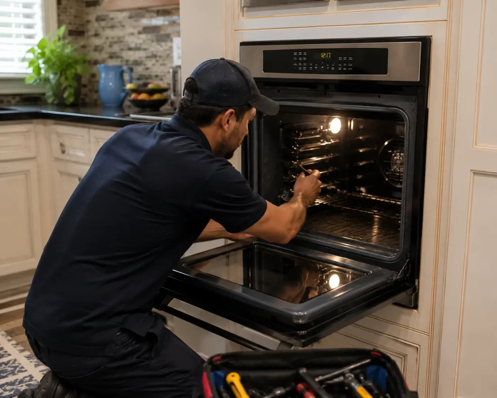 A male appliance repair technician in a blue uniform and cap reaches inside an open, modern built-in stainless steel oven in a kitchen to perform maintenance or repair.