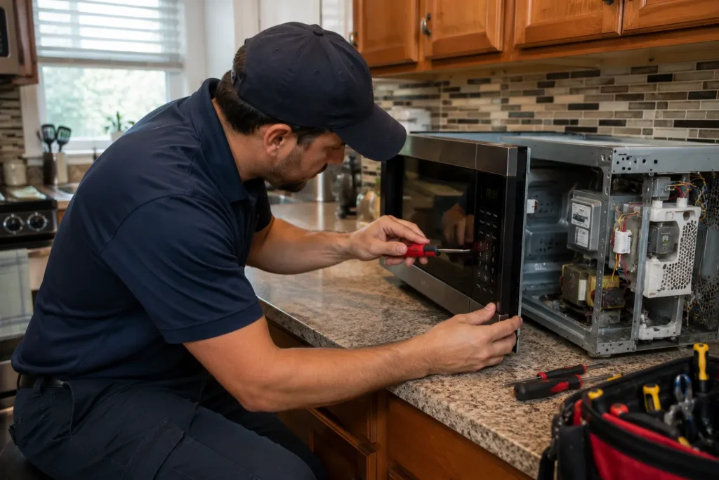 Professional technician repairing a built-in microwave in an Oxnard, CA home kitchen.