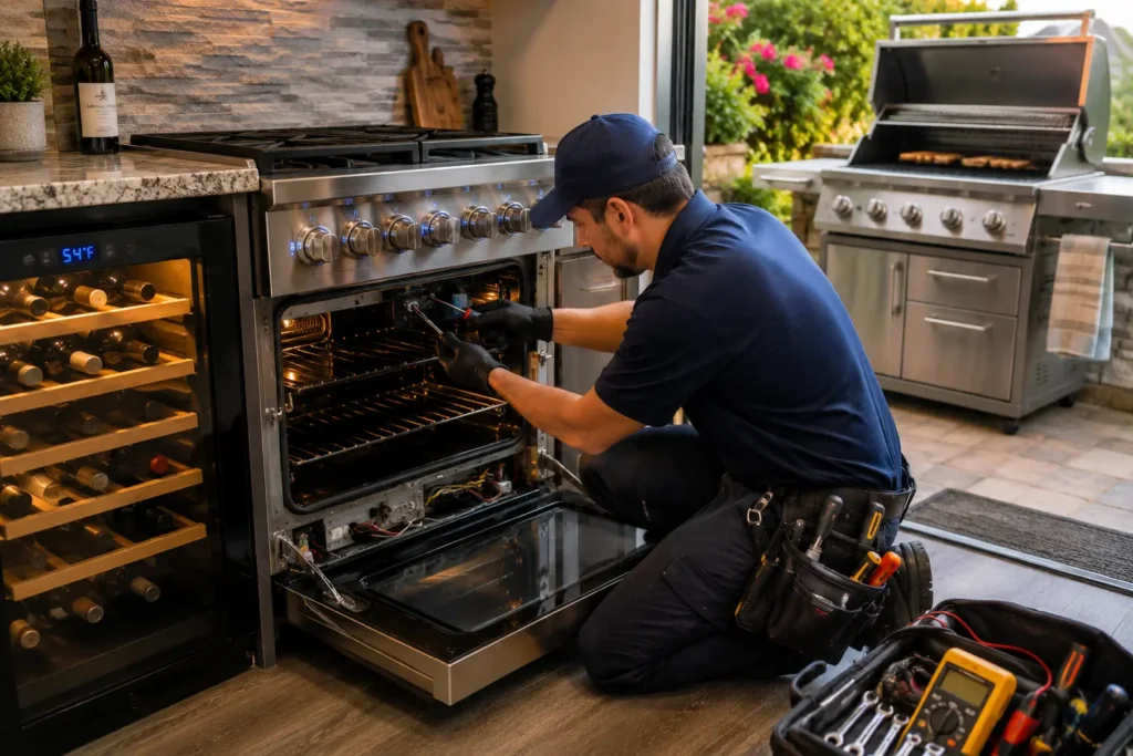 Professional technician repairing a kitchen oven in an Oxnard, CA home.