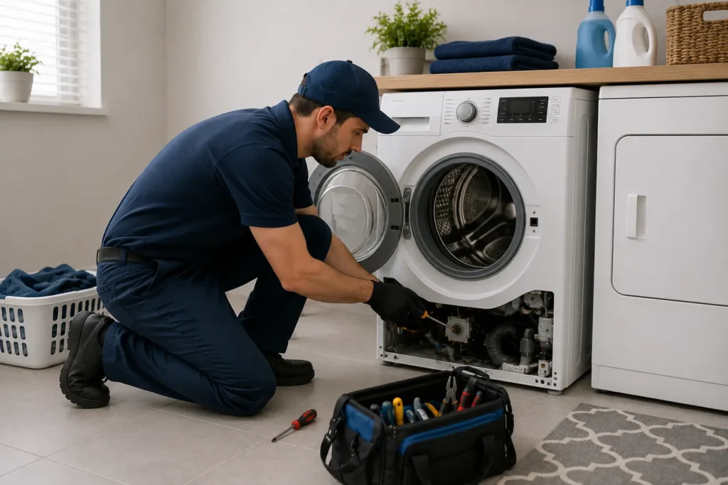 Professional technician repairing a washing machine in an Oxnard, CA home.