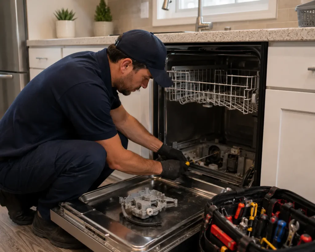 Professional technician repairing a dishwasher in an Oxnard, CA home kitchen.