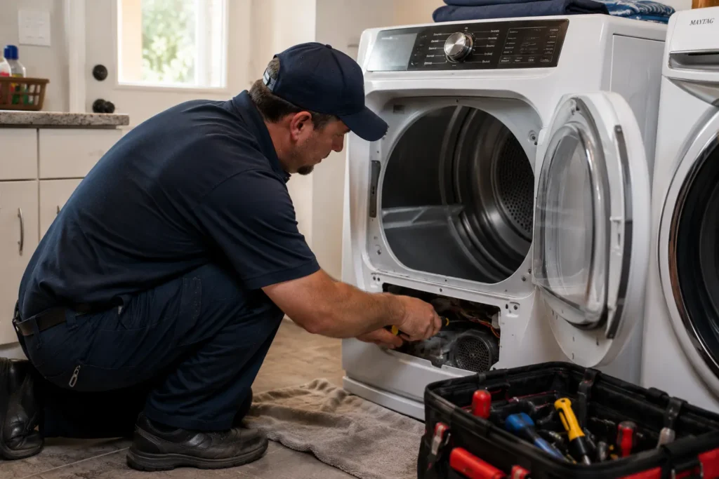 Professional technician repairing a Maytag dryer in an Oxnard, CA home.