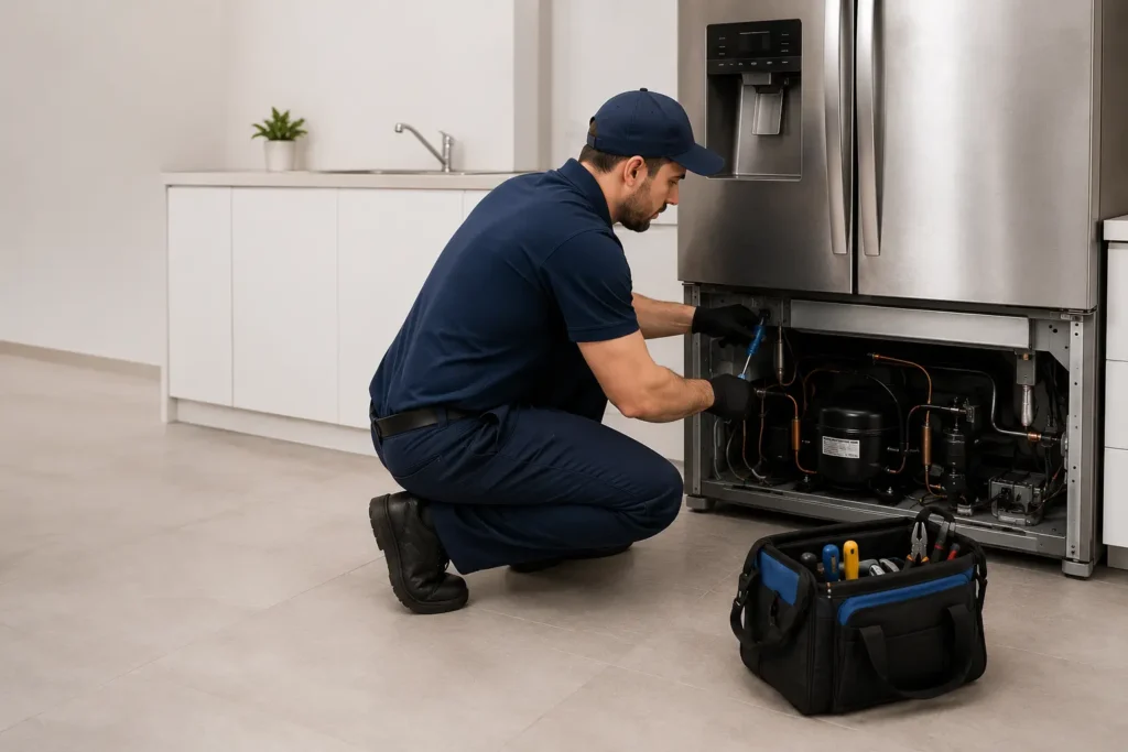 Professional appliance repair technician in uniform servicing a stainless steel refrigerator in an Oxnard, CA residential kitchen.