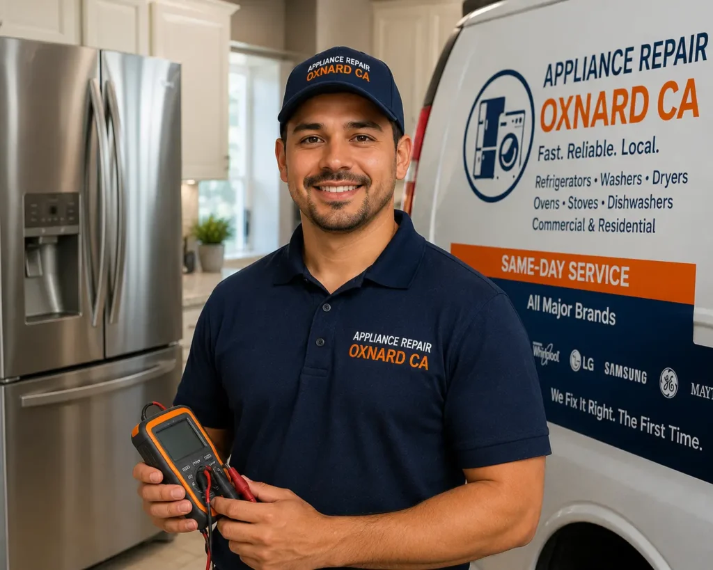 Professional appliance repair technician holding a multimeter in Oxnard, CA