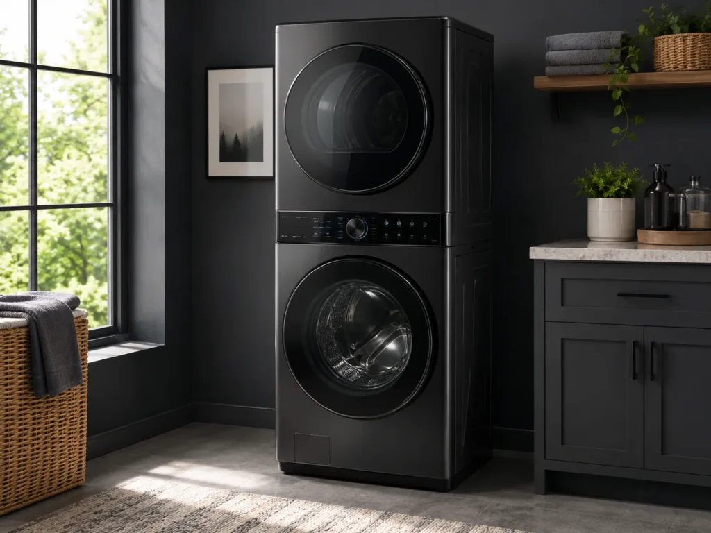 Modern black stacked washer and dryer unit in an Oxnard, CA home laundry room