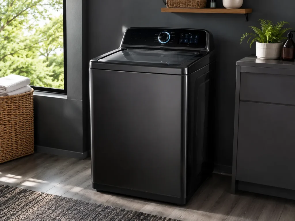 Modern black top-load washing machine installed in an Oxnard, CA home
