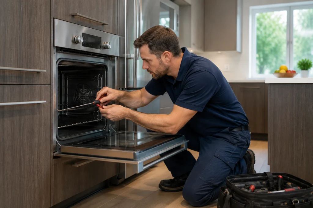 Professional technician repairing a built-in oven in an Oxnard, CA home.
