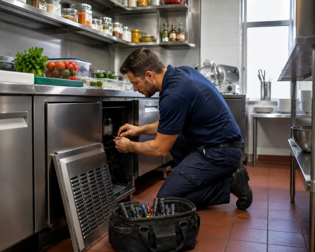 Professional technician performing commercial kitchen appliance repair in Oxnard, CA.