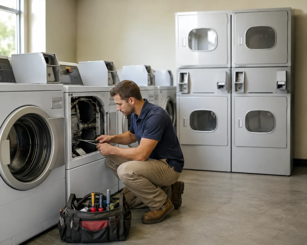 Professional technician repairing industrial washing machine in an Oxnard, CA commercial laundry facility.