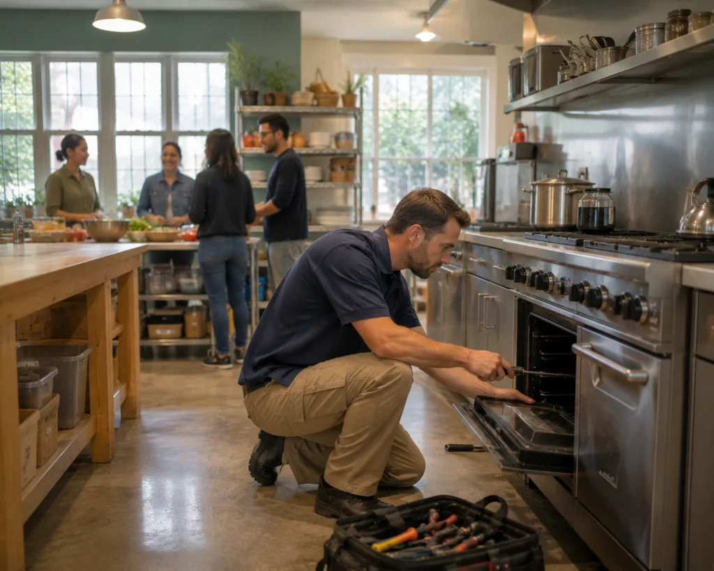 Professional technician repairing a commercial oven in an Oxnard, CA restaurant kitchen.