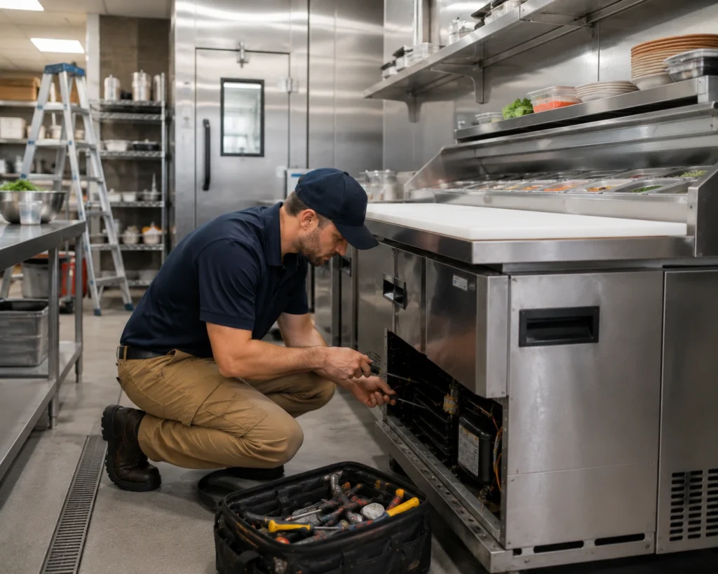 Professional technician repairing a commercial refrigeration unit in an Oxnard, CA restaurant kitchen.