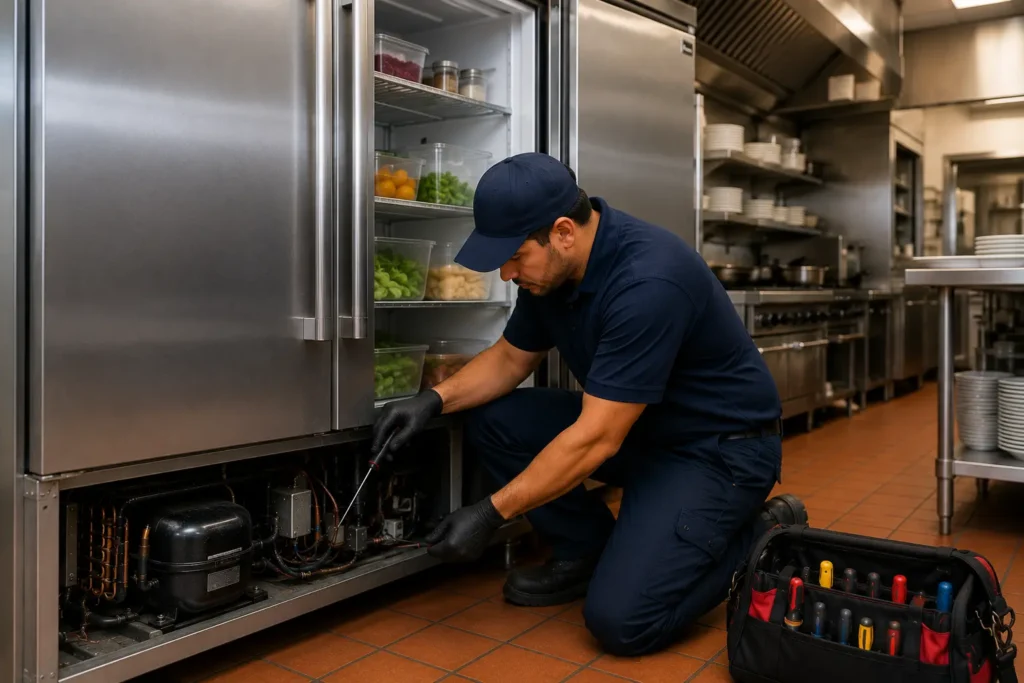 Professional technician repairing a commercial refrigerator in an Oxnard, CA restaurant kitchen