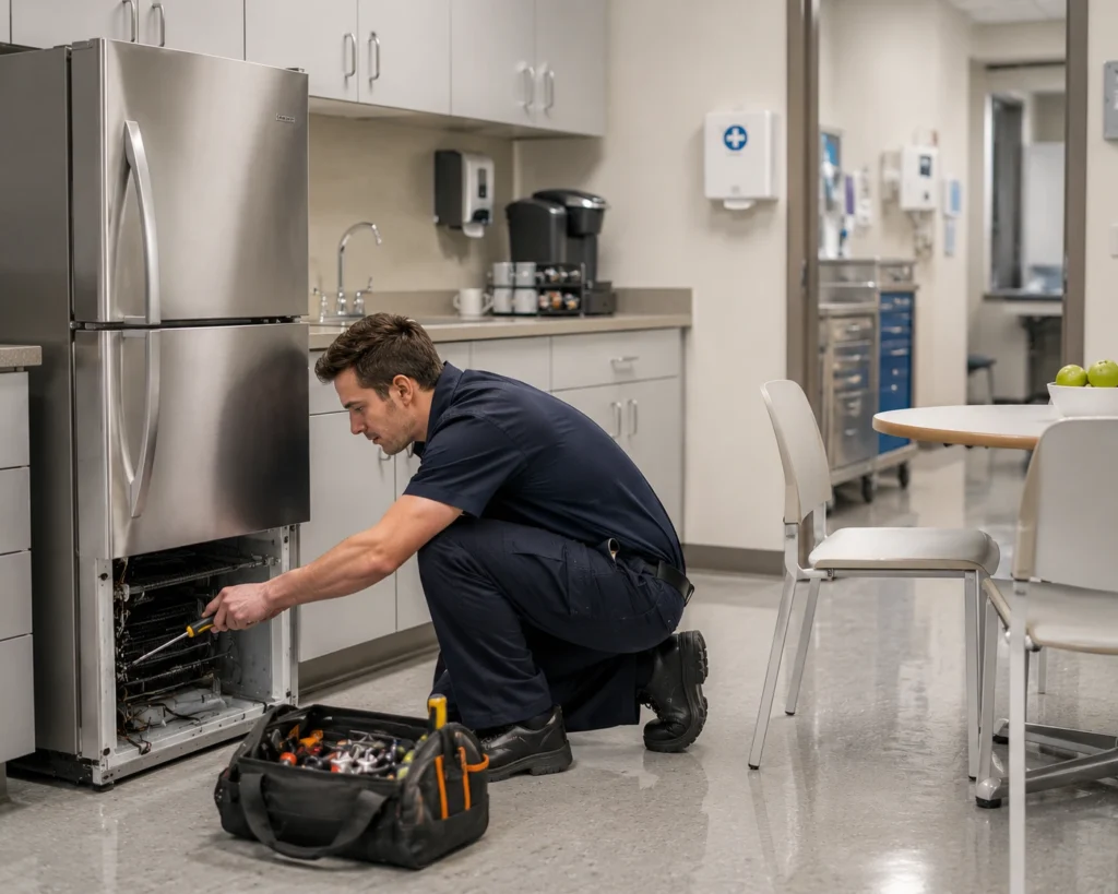Professional technician repairing a stainless steel refrigerator in an Oxnard, CA commercial facility.