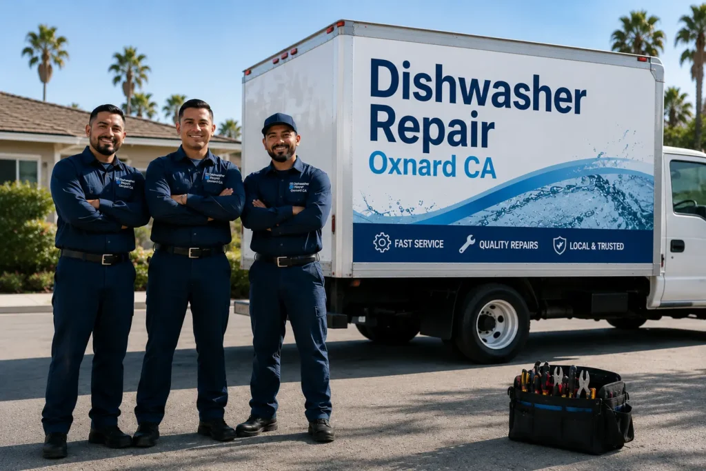 Professional dishwasher repair team posing in front of a service truck in Oxnard, CA.
