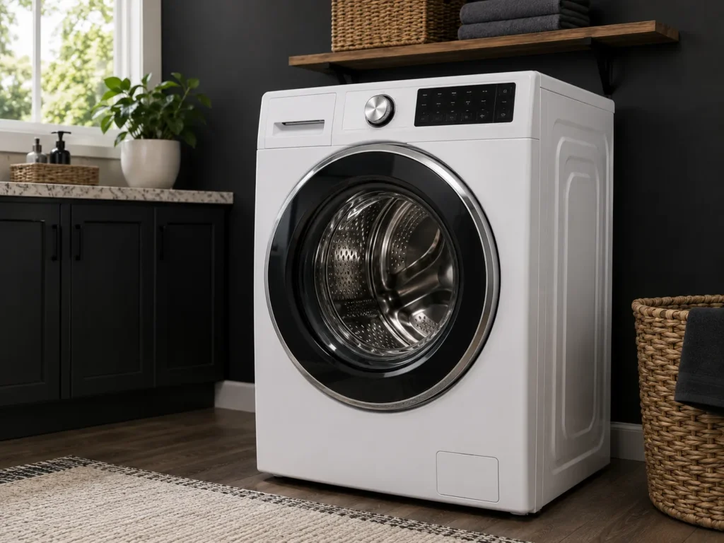 Modern front-load washing machine installed in a home laundry room in Oxnard, CA