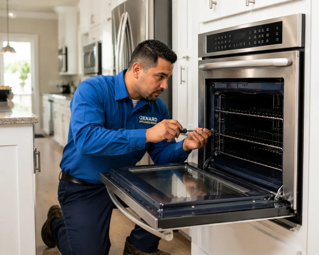 A skilled technician in a blue uniform repairing a built-in wall oven in a modern residential kitchen in Oxnard.
