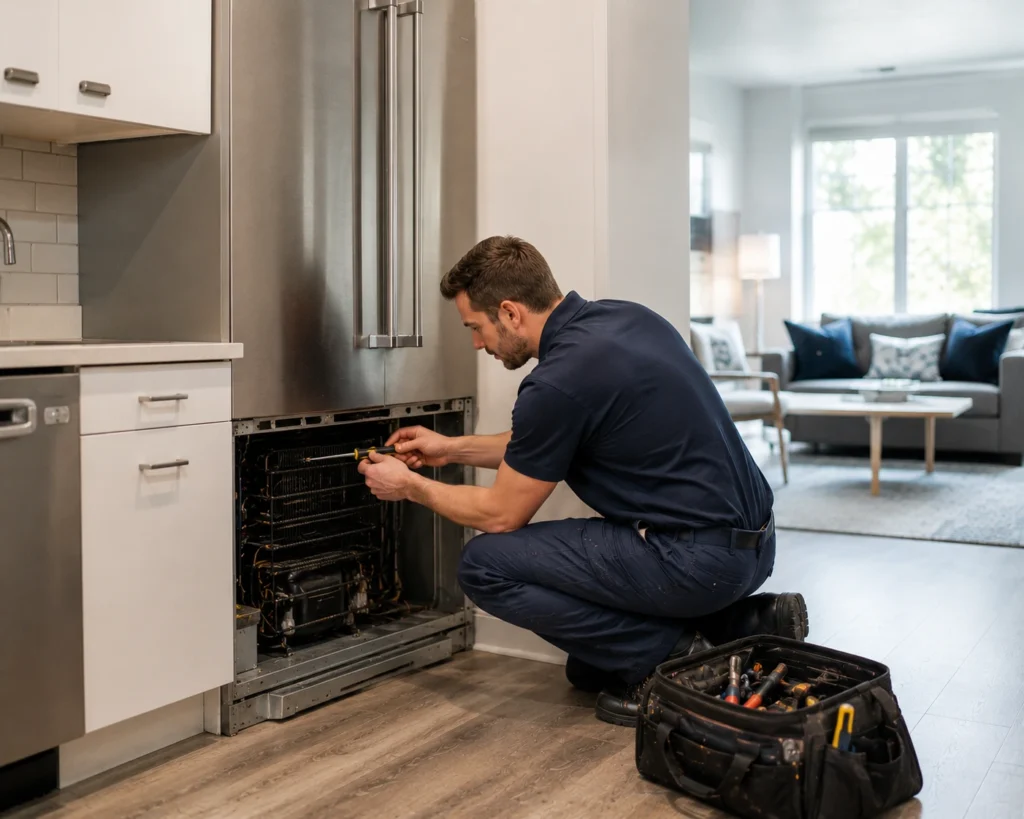 Professional technician repairing a stainless steel refrigerator in an Oxnard, CA home.