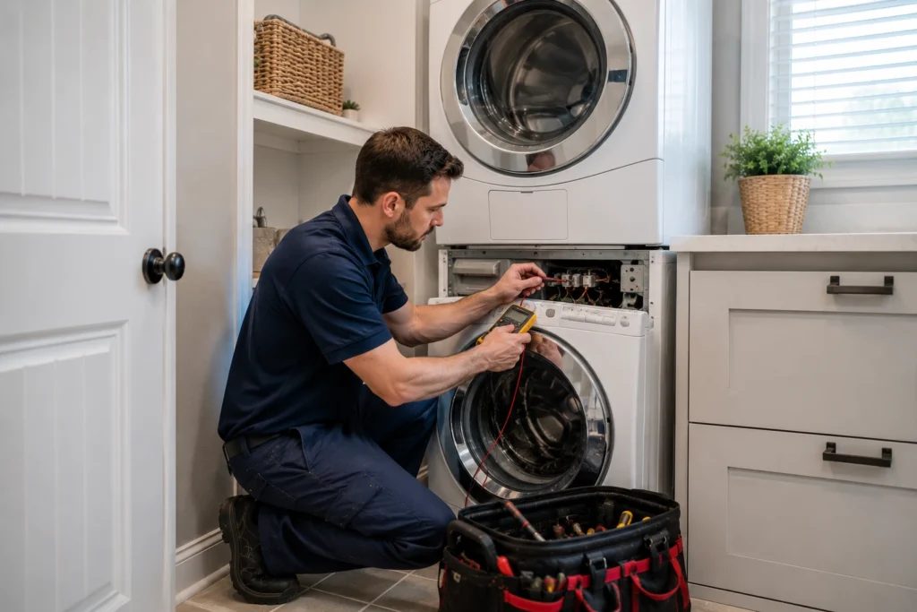 Expert technician diagnosing a stacked washer-dryer unit in an Oxnard home.