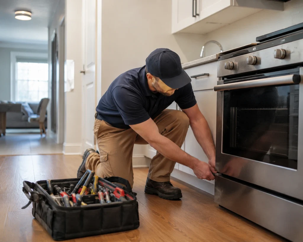 Professional technician repairing a stainless steel stove in an Oxnard, CA home.