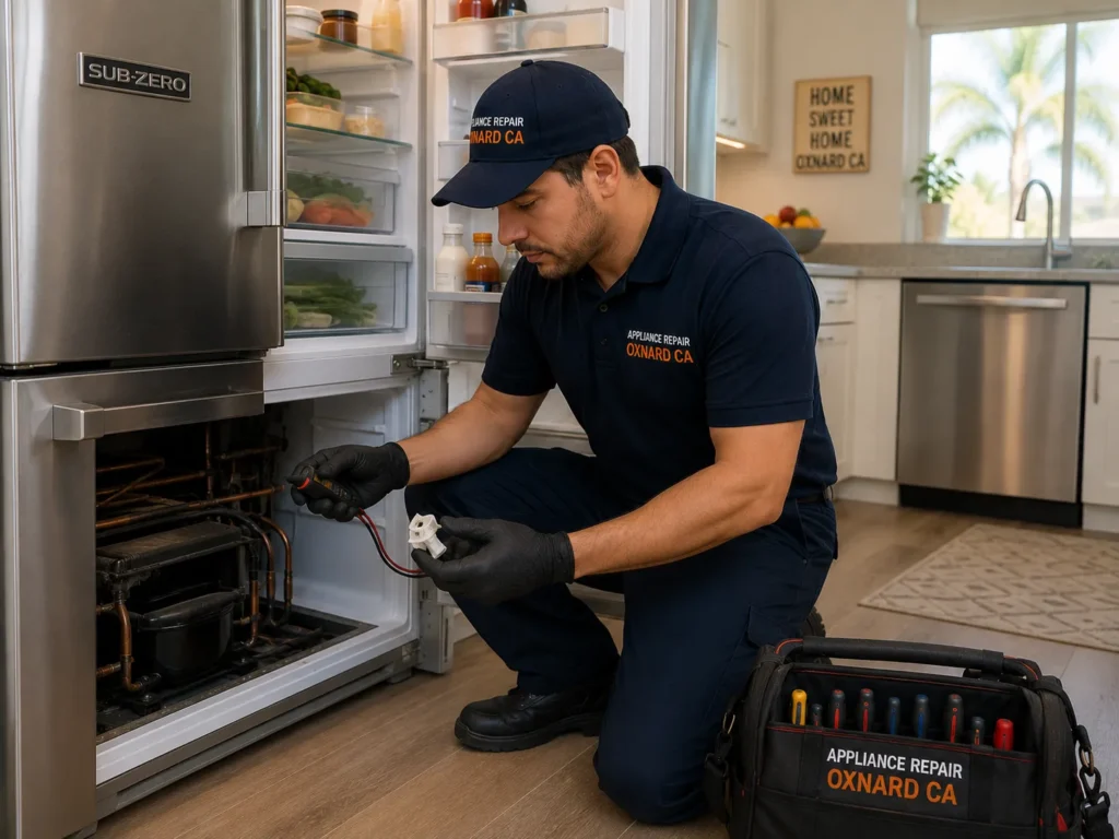Professional technician repairing a Sub-Zero refrigerator in an Oxnard, CA kitchen.