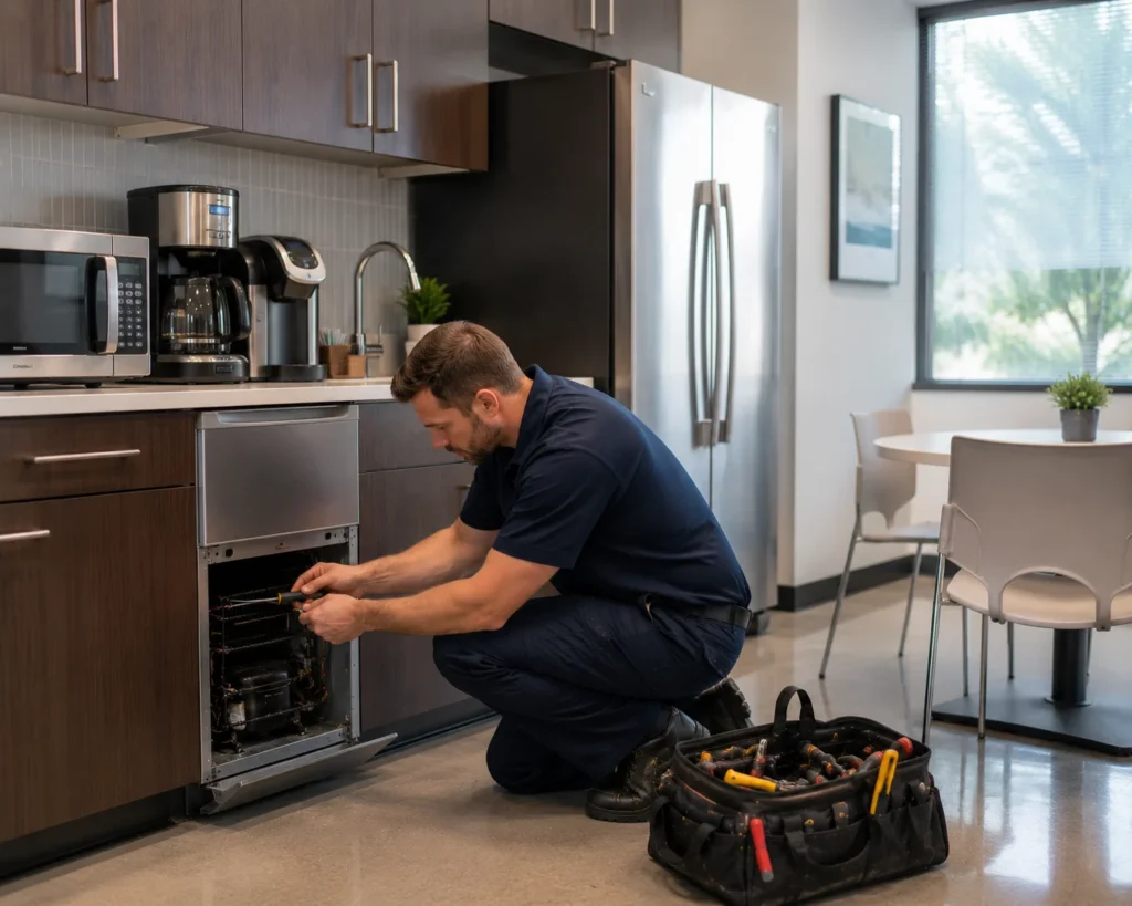 Professional technician repairing an under-counter refrigerator in an Oxnard, CA office kitchen.