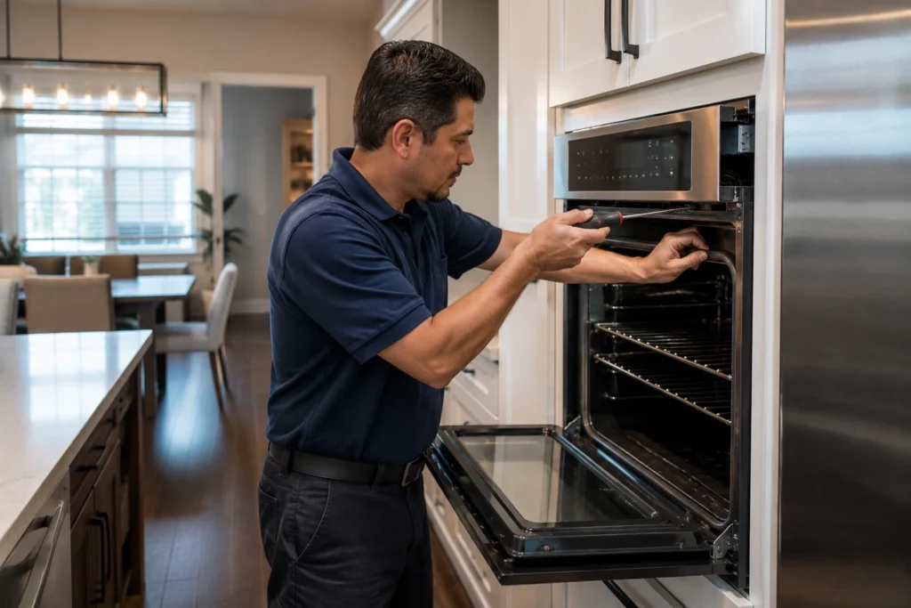 Professional technician repairing a built-in wall oven in an Oxnard, CA kitchen.