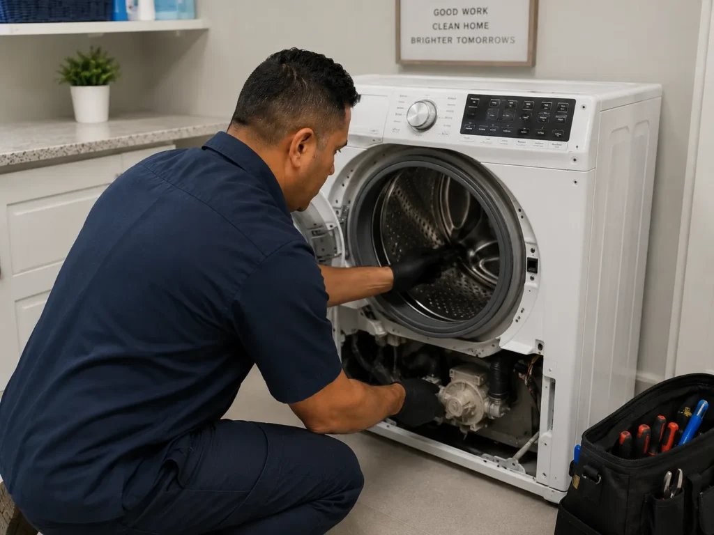 Professional technician repairing the internal pump of a washing machine in Oxnard, CA.