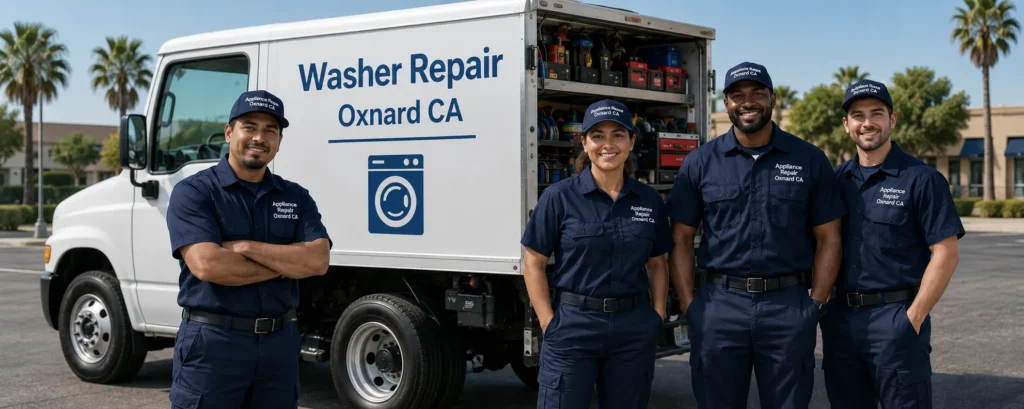 Professional washer repair team posing in front of a service van in Oxnard, CA