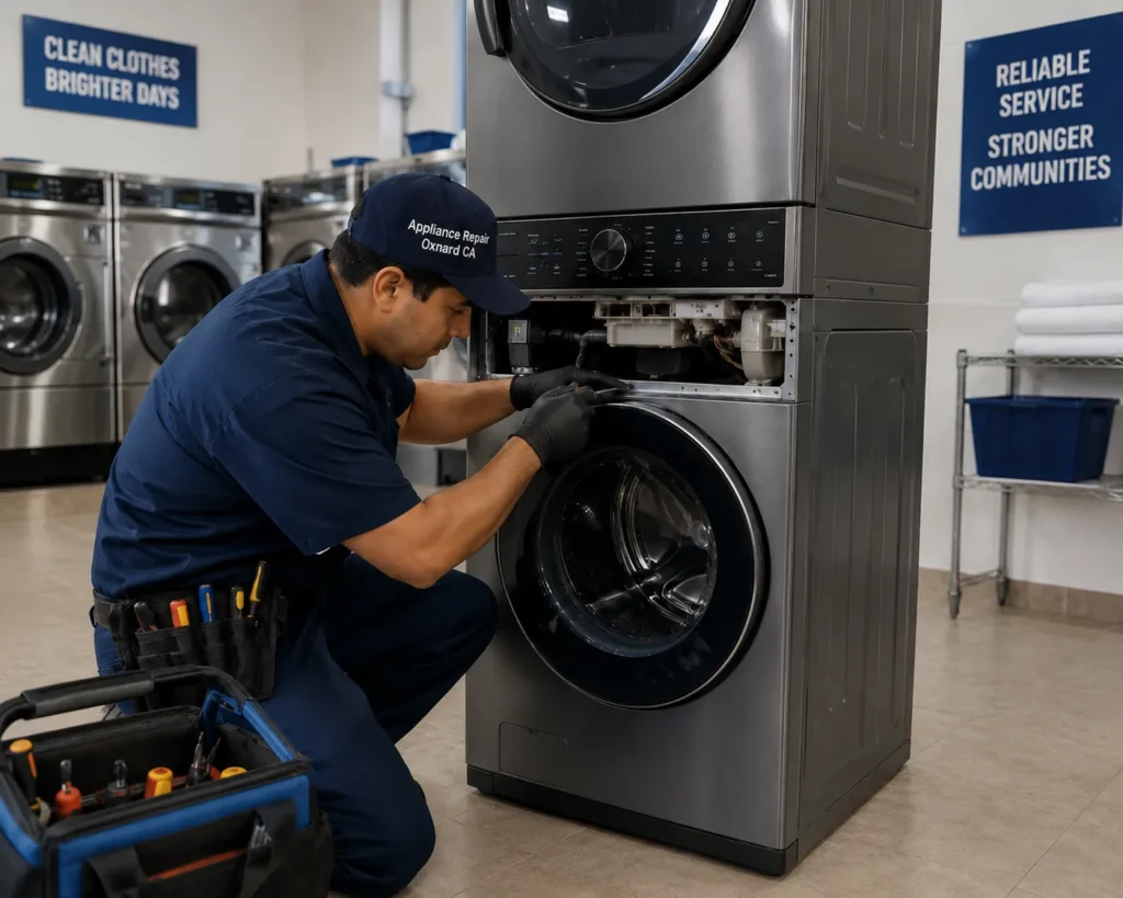 Professional technician repairing a stacked washer and dryer unit in Oxnard, CA